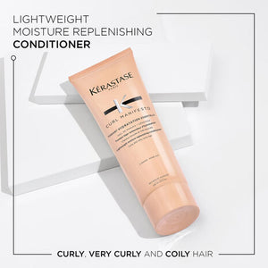 "Kerastase Curl Manifesto Luxury Holiday Gift Set for curly, coily, or wavy hair with Bain Hydratation Douceur Shampoo, Fondant Hydratation Essentielle Conditioner, and Crème De Jour Fondamentale Hair Cream. Hydrating Manuka Honey and Ceramide for curl definition, frizz control, and heat protection up to 450°F. 25% savings. Sulfate-free, paraben-free, and mineral oil-free."